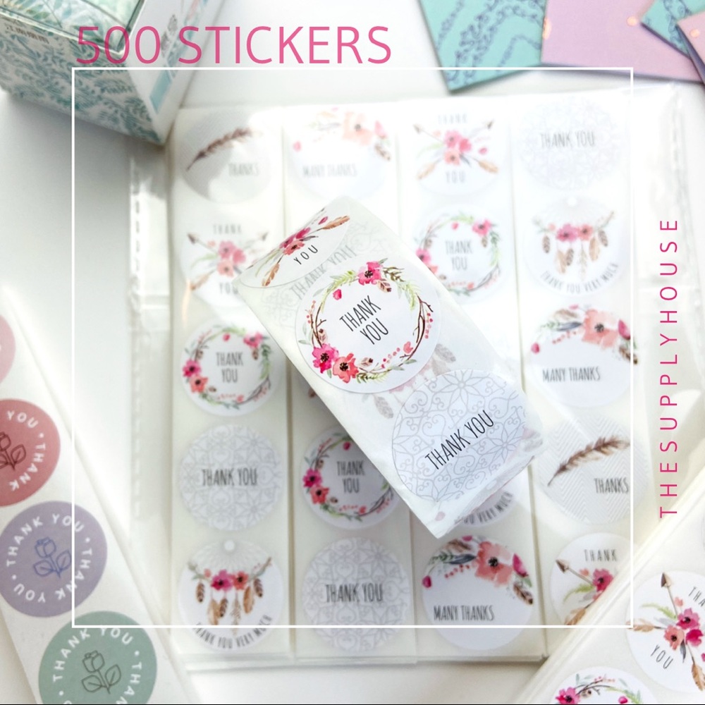 500pc Thank You Stickers. Watercolour Floral Feather Boho Shipping Stickers